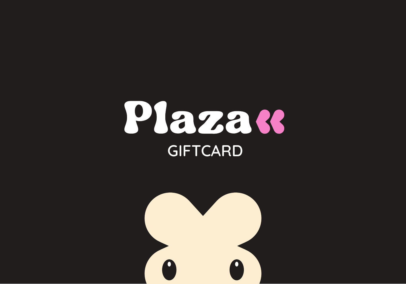 Giftcard Plaza: logo blanco y rosa y personaje crema